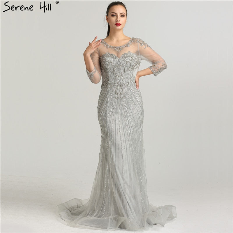 Sale Beading Sequined Tulle Evening Dress Transparent Long Sleeves Mermaid Evening Gown LA6395 - SERENE HILL