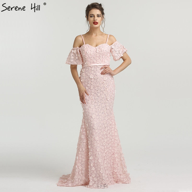 On Sale no return no refundSexy Short Sleeves Mermaid Evening Dresses 2025 Embroidery Pearls Fashion Evening Gowns Serene Hill LA6519 - SERENE  HILL