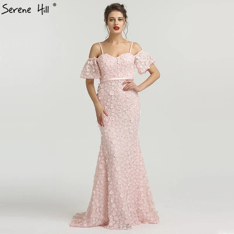 On Sale no return no refundSexy Short Sleeves Mermaid Evening Dresses 2025 Embroidery Pearls Fashion Evening Gowns Serene Hill LA6519 - SERENE HILL