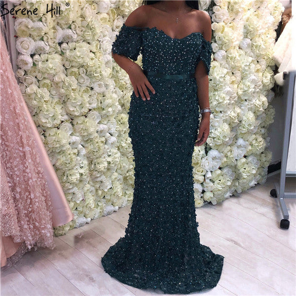 On Sale no return no refundSexy Short Sleeves Mermaid Evening Dresses 2025 Embroidery Pearls Fashion Evening Gowns Serene Hill LA6519 - SERENE  HILL