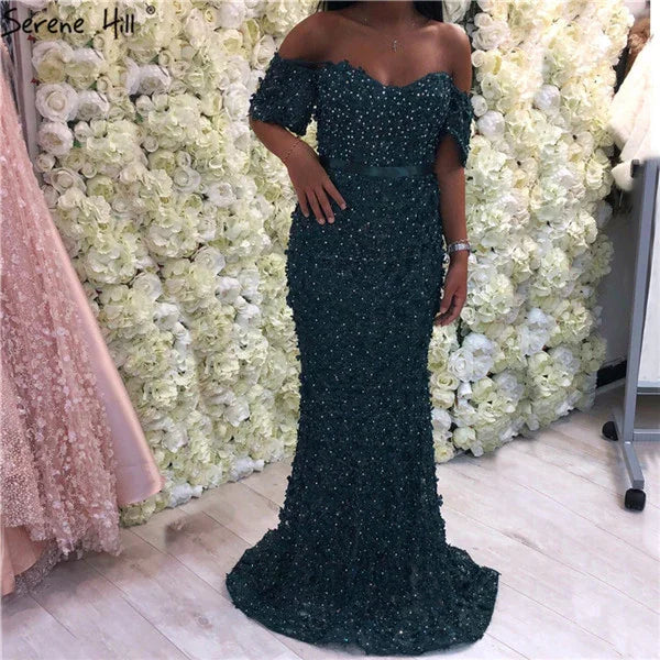 On Sale no return no refundSexy Short Sleeves Mermaid Evening Dresses 2025 Embroidery Pearls Fashion Evening Gowns Serene Hill LA6519 - SERENE HILL