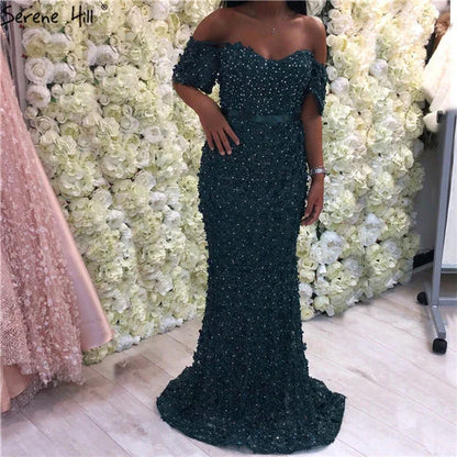 On Sale no return no refundSexy Short Sleeves Mermaid Evening Dresses 2025 Embroidery Pearls Fashion Evening Gowns Serene Hill LA6519 - SERENE HILL