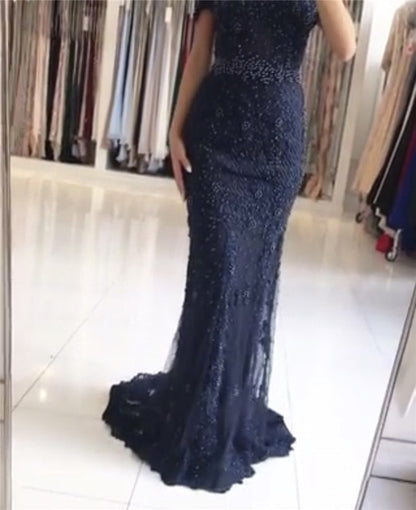 On Sale no return no refundSale Pink Mermaid Boat Neck Evening Dresses Lace Pears Diamond LA6560 - SERENE HILL