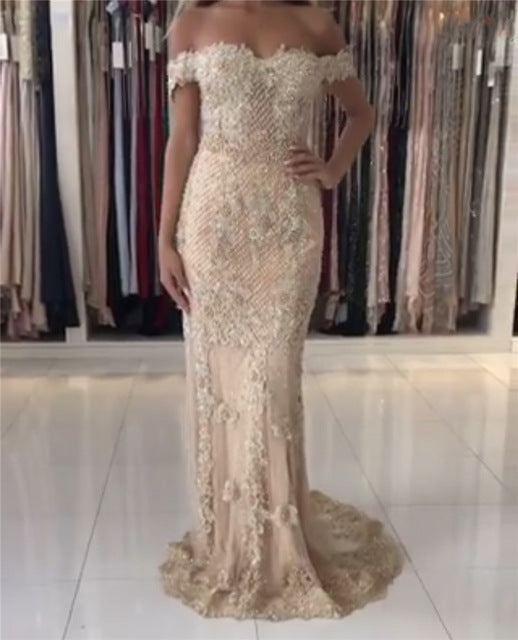 On Sale no return no refundSale Pink Mermaid Boat Neck Evening Dresses Lace Pears Diamond LA6560 - SERENE  HILL