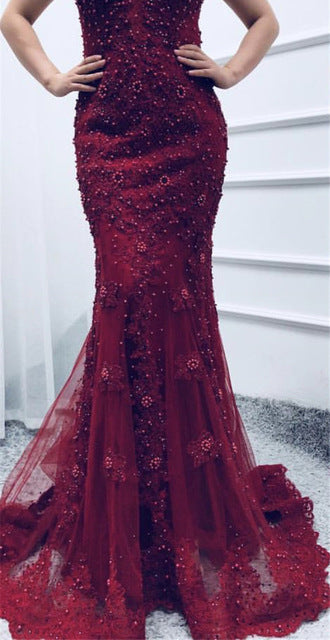 On Sale no return no refundSale Pink Mermaid Boat Neck Evening Dresses Lace Pears Diamond LA6560 - SERENE  HILL