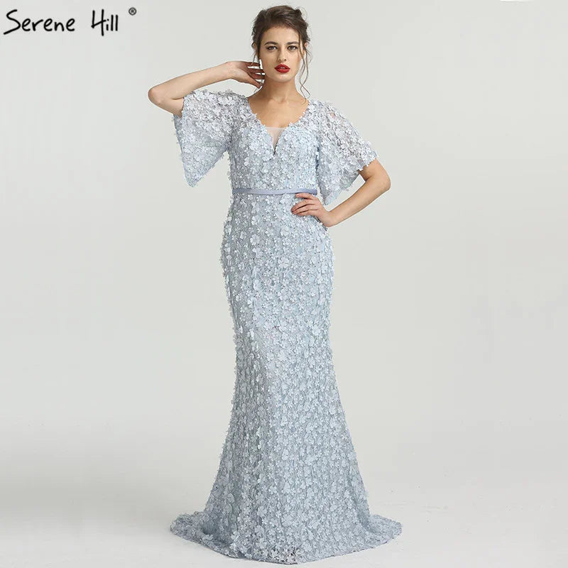 On Sale No Return No Refund Sale Sexy Mermaid Short Sleeves Luxury Evening Dresses Flowers Lace Pearls Fashion Elegant Evening Gowns 2025 Serene Hill LA6311 - SERENE HILL