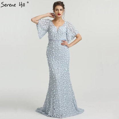 On Sale No Return No Refund Sale Sexy Mermaid Short Sleeves Luxury Evening Dresses Flowers Lace Pearls Fashion Elegant Evening Gowns 2025 Serene Hill LA6311 - SERENE HILL