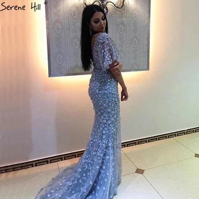 On Sale No Return No Refund Sale Sexy Mermaid Short Sleeves Luxury Evening Dresses Flowers Lace Pearls Fashion Elegant Evening Gowns 2025 Serene Hill LA6311 - SERENE HILL