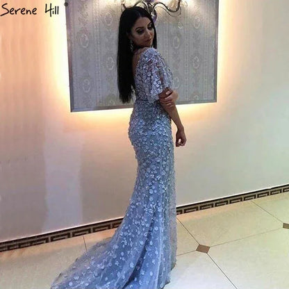 On Sale No Return No Refund Sale Sexy Mermaid Short Sleeves Luxury Evening Dresses Flowers Lace Pearls Fashion Elegant Evening Gowns 2025 Serene Hill LA6311 - SERENE HILL