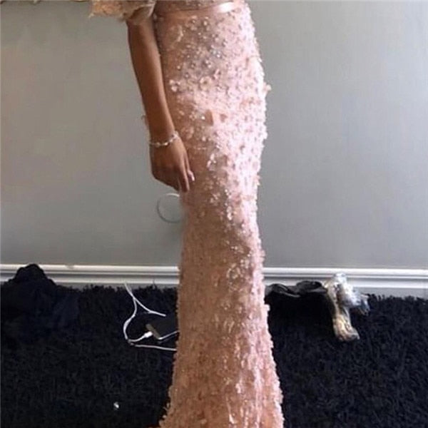 On Sale No Return No Refund Sale Sexy Mermaid Short Sleeves Luxury Evening Dresses Flowers Lace  Pearls Fashion Elegant Evening Gowns 2025 Serene Hill LA6311 - SERENE  HILL