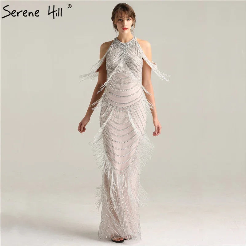 Luxury Halter Shaking Sliver Sexy Mermaid Backless Evening Dress Tassel Beading Sleeveless Evening Gowns 2025 In Stock LA6229 - SERENE HILL
