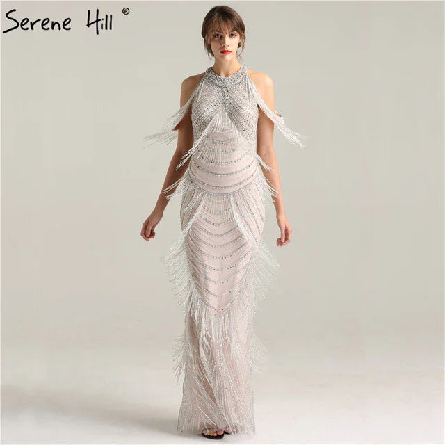 Luxury Halter Shaking Sliver Sexy Mermaid Backless Evening Dress Tassel Beading Sleeveless Evening Gowns 2025 In Stock LA6229 - SERENE HILL