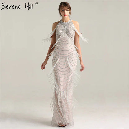 Luxury Halter Shaking Sliver Sexy Mermaid Backless Evening Dress Tassel Beading Sleeveless Evening Gowns 2025 In Stock LA6229 - SERENE HILL