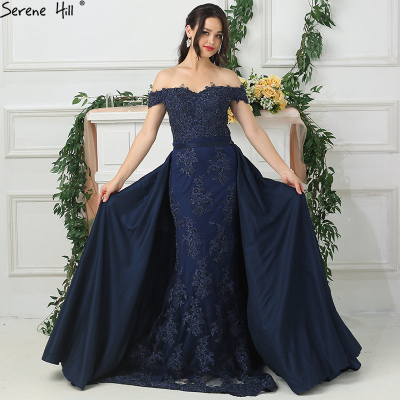 On Sale no return no refundSale Off Shoulder Navy Lace  Evening Dresses Beading Sleeveless Evening Gown LA6565 - SERENE  HILL