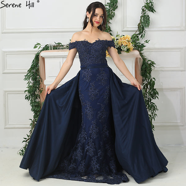 On Sale no return no refundSale Off Shoulder Navy Lace  Evening Dresses Beading Sleeveless Evening Gown LA6565 - SERENE  HILL
