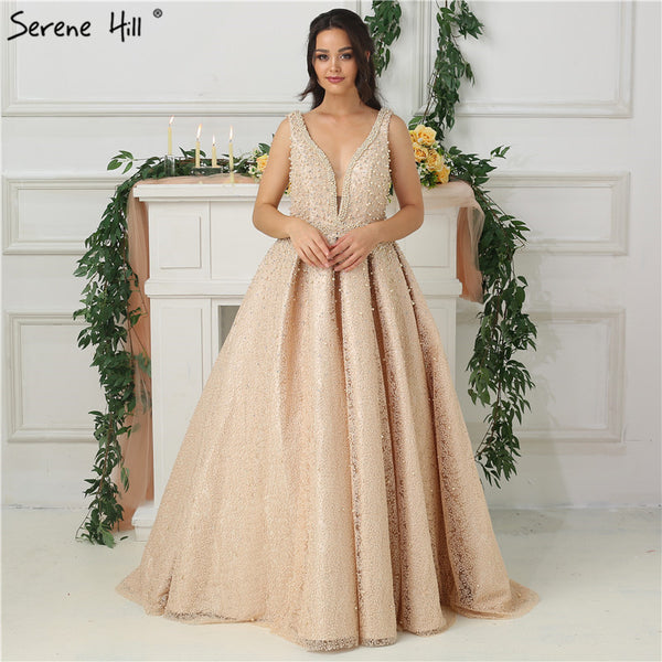 On Sale No Return No Refund Sale Sleeveless Deep-V Sexy Long Evening Dresses Pearls Crystal Evening Gown LA6173 - SERENE  HILL