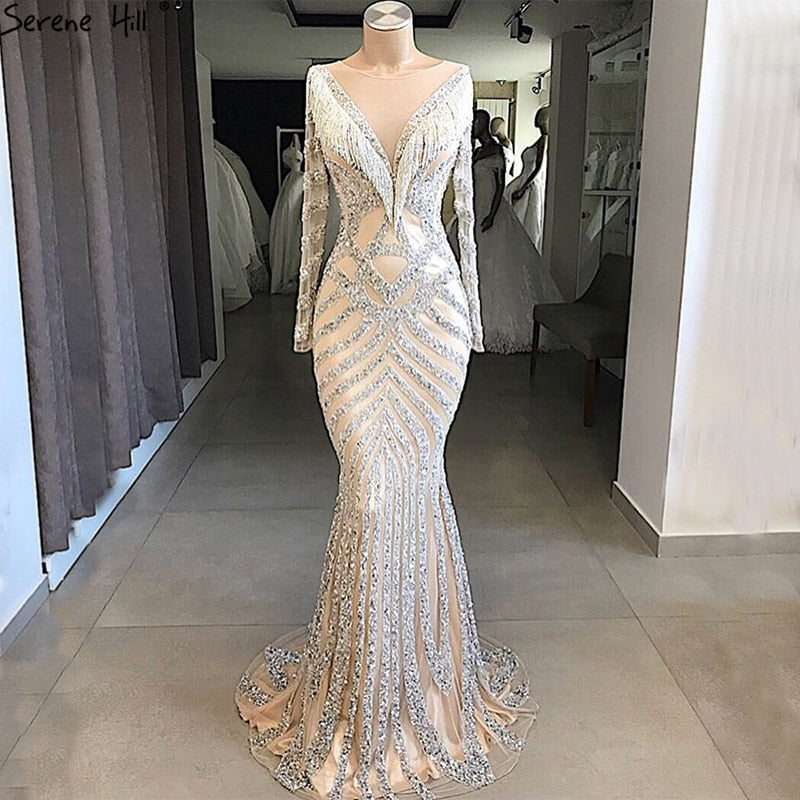 On Sale no return no refundSale Nude Slim Mermaid Luxury Evening Dresses Long Sleeves Beading Tassel Fashion LA6594 - SERENE HILL