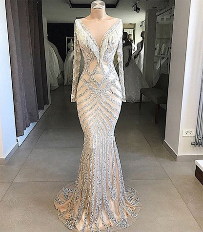 On Sale no return no refundSale Nude Slim Mermaid Luxury Evening Dresses Long Sleeves Beading Tassel Fashion LA6594 - SERENE HILL