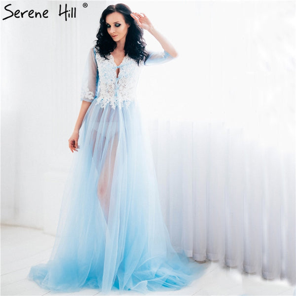 On Sale No Return No Refund Sale Formal dress Long Sleeve See Through Blue Evening Dresses Custom Size Plus Size HA2098