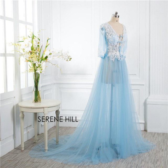 On Sale No Return No Refund Sale Formal dress Long Sleeve See Through Blue Evening Dresses Custom Size Plus Size HA2098 - SERENE HILL