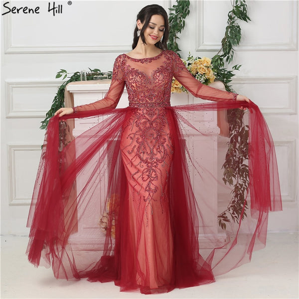 On Sale Luxury Wine Red Diamond Crystal Evening Dress Long Sleeve LA6641