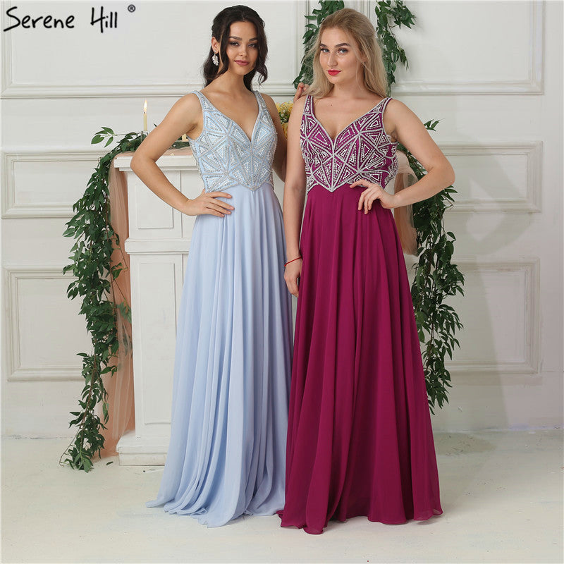 On Sale no return no refundSale Sky Blue Chiffon Sleeveless Prom Dresses Beading Pearls V-Neck Beach Evening Gowns LA6697 - SERENE HILL