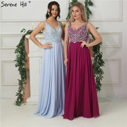 On Sale no return no refundSale Sky Blue Chiffon Sleeveless Prom Dresses Beading Pearls V-Neck Beach Evening Gowns LA6697 - SERENE HILL