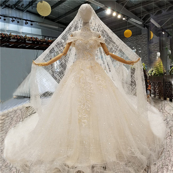 Vintage Off Shoulder With Veil Glitter Lace Up Big Train Bridal Wedding Gown SERENE HILL Vintage Off Shoulder With Veil Glitter Lace Up Big Train Bridal Wedding Gown SERENE HILL