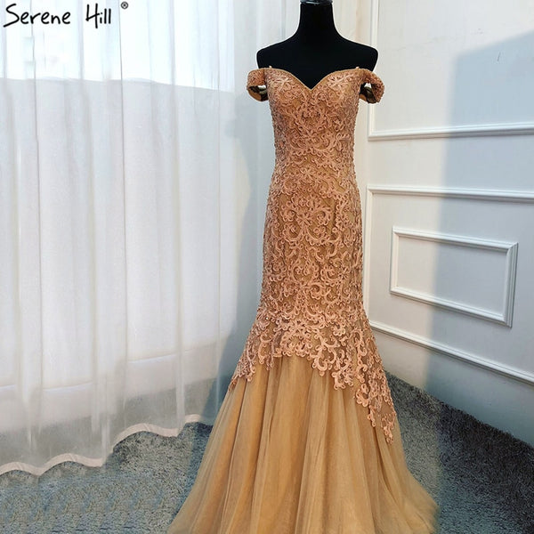 On Sale no return no refundSale Gold Mermaid Off Shoulder Beading Sleeveless Long Evening Party LA6621